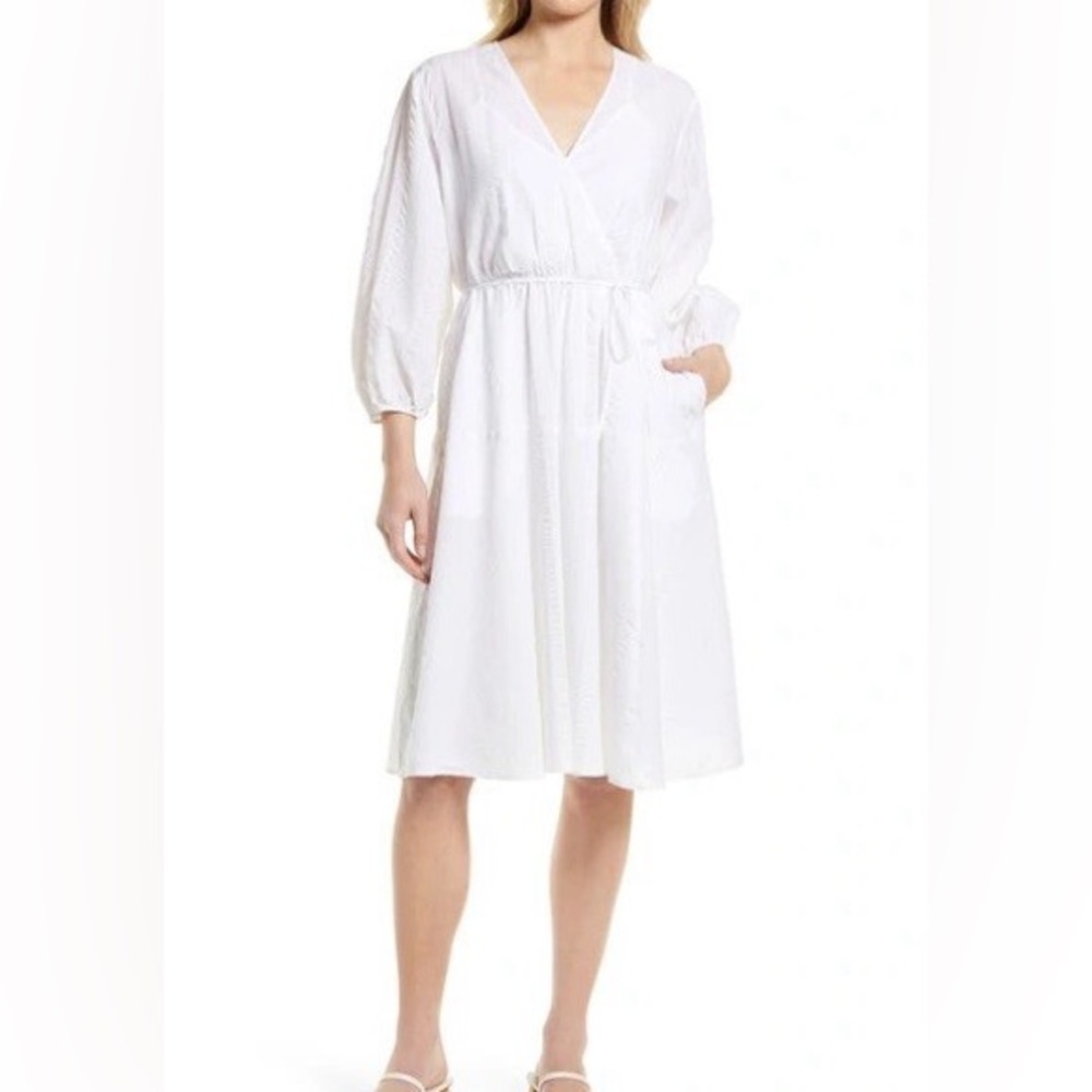 Nordstrom white cotton long-sleeve wrap dress size S